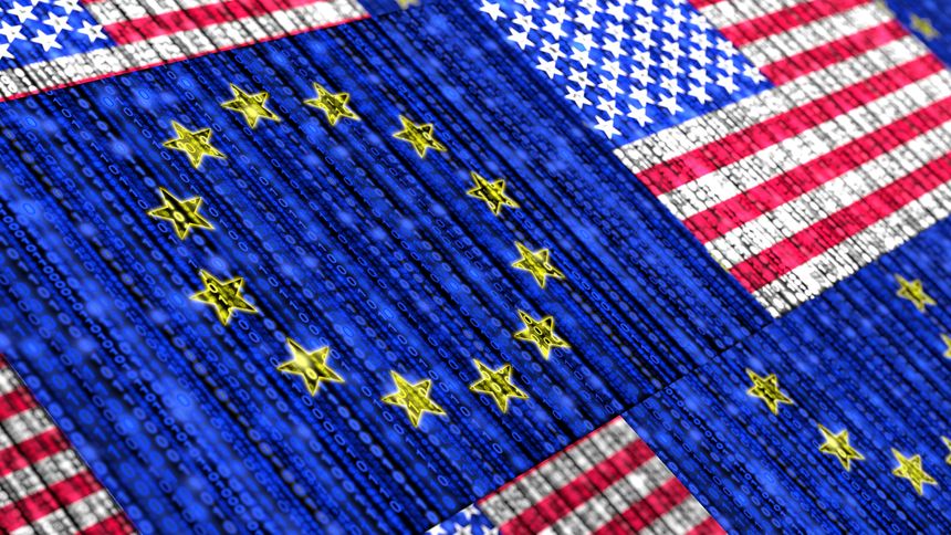 European and us flag composed of binary datastreams cybersecurity concept 3D illustration