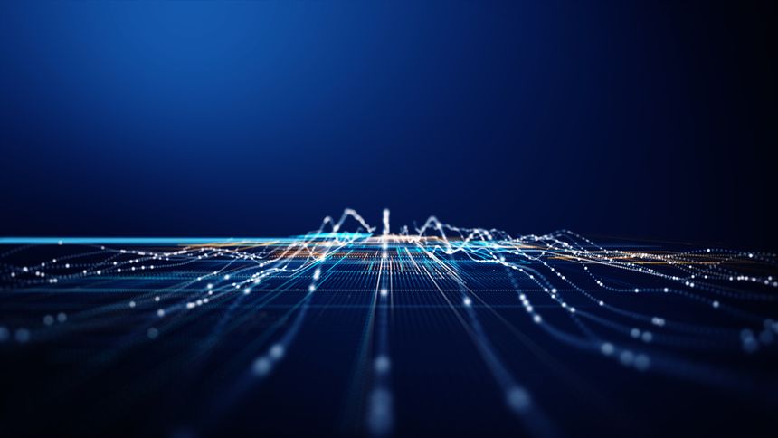 Abstract 3D digital grid with dynamic data lines and glowing dots, representing big data processing, analytics, machine learning, and futuristic technology visualization.