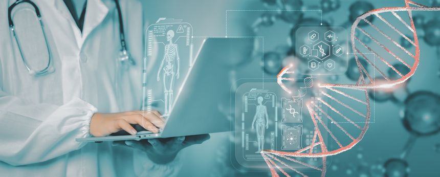 Digital healthcare innovation blends AI and genomics as a doctor uses a laptop displaying a smart DNA interface with virtual diagnostics, symbolizing precision medicine and bioinformatics analysis.