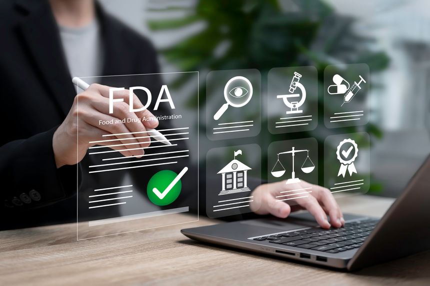 Global health safety regulation Concept, Businesswoman reviewing and approving FDA standard documents for medical and food, Compliance, laboratory inspection, certification, and international approval