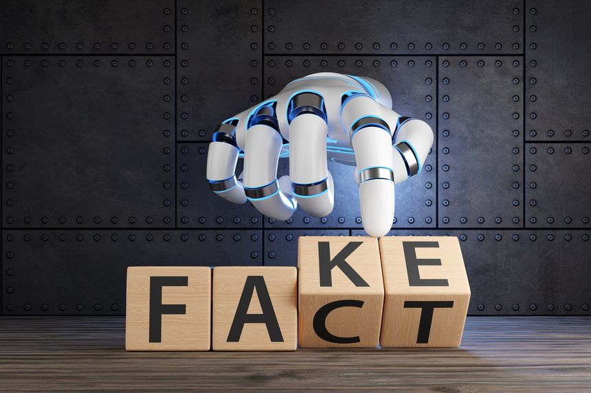 White robotic hand turning 2 wooden blocks revealing the words FACT and FAKE. Illustration of the concept of information accuracy of artificial intelligence and the fact check of AI content