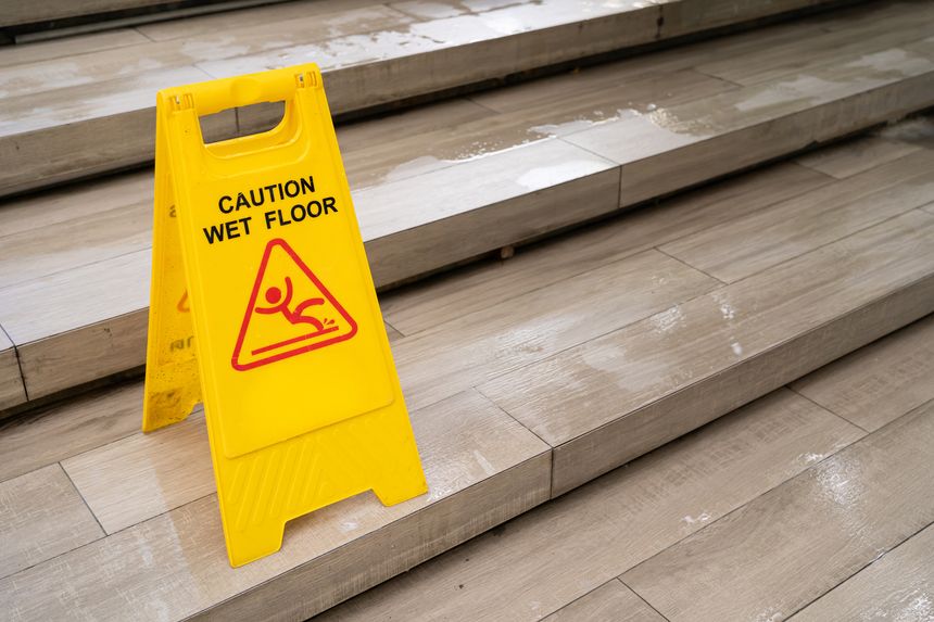 Yellow Caution slippery wet floor sign on the wet ground. Safety Warning in Public Area. Safety Warning Concept.