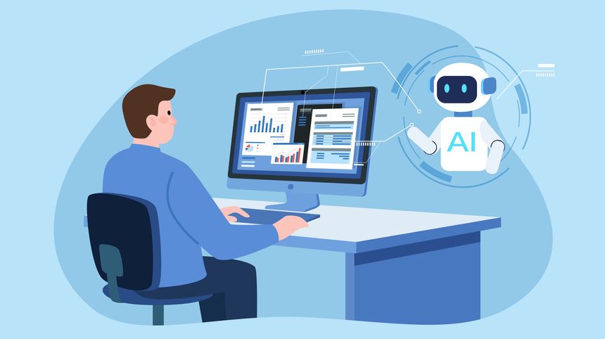 Businessman using a computer to work with AI. Data and charts are displayed on the screen, and a friendly AI robot is shown assisting. It represents the collaboration between humans and artificial intelligence in data analysis or business tasks.