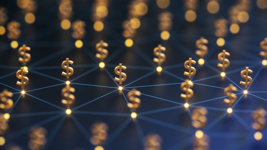 Dollar Sign and Connected Dots Futuristic digital background. Abstract connections technology and digital network. 3d illustration.