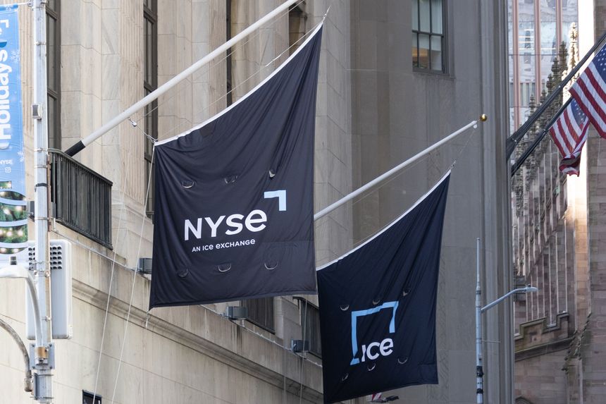 New York, NY, USA - 11.05.2024: Flags of the New York Stock Exchange (NYSE) and Intercontinental Exchange (ICE) in New York.