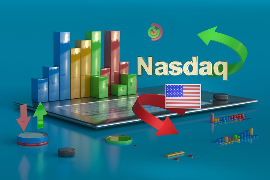 Gold-plated Nasdaq letters and USA flag surrounded by green and red arrows against abstract shapes and charts. 3D rendering. Finance concept, forex