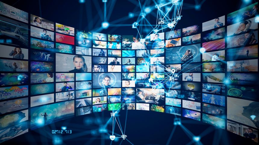 Visual contents concept. Social networking service. Streaming video. communication network.