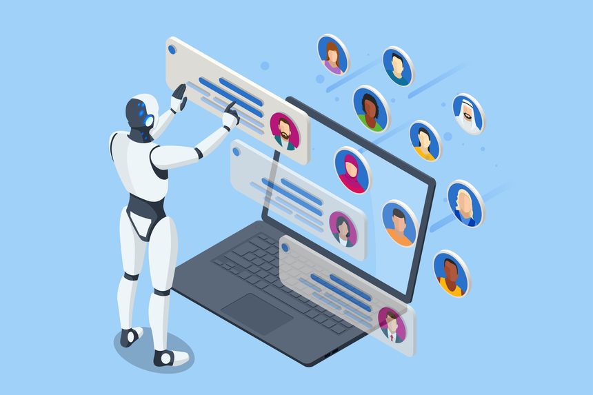 An isometric robot processes employee or personnel databases, handling data analysis. Acting as an HR manager, it leverages artificial intelligence for big data insights. Robot HR manager