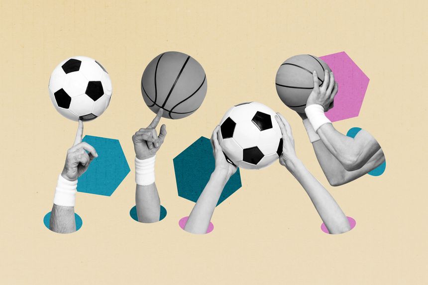 Composite collage image picture of people arms hold football basketball isolated on creative background.