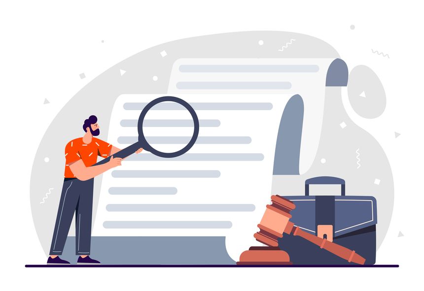 Man with document. Lawyer with magnifying glass checks contract of two parties, internet copyright protection and jurisprudence. Guy with gavel, judge makes decision. Cartoon flat vector illustration