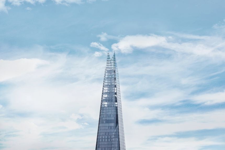 London, UK - October 23, 2019: Exterior of The shard skyscraper with blue sky in London