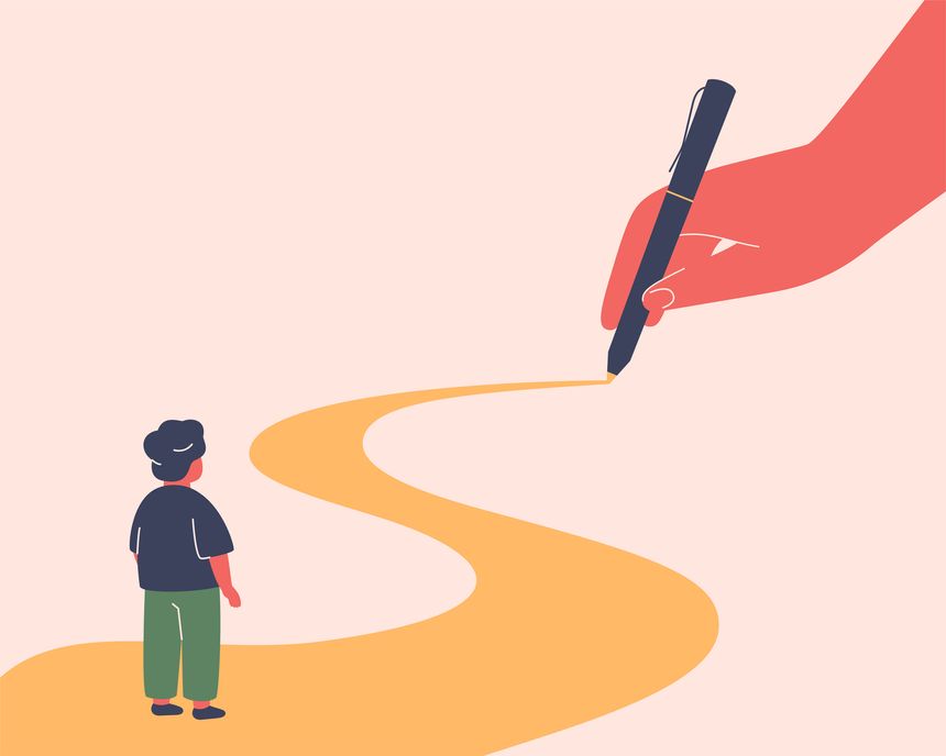 Adults hand drawing pathway for baby boy. Parent influence on child development and future. Parental control and support for growth and education of kid. vector