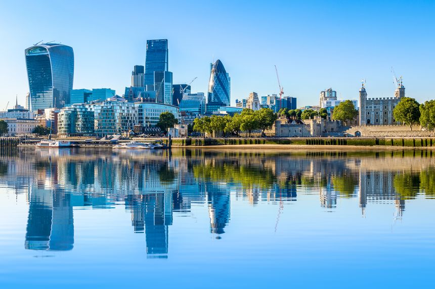 Cloudless day at financial district of London, including The Gherkin, Fenchurch building and Leadenhall building