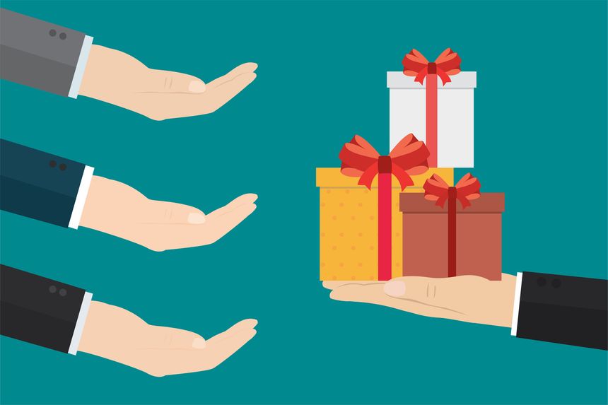 Presents for colleagues. Boss of awards bonuses of employees. Giving gifts to workers. Receives bonus concept. Hand of leader holding gift boxes. flat vector illustration