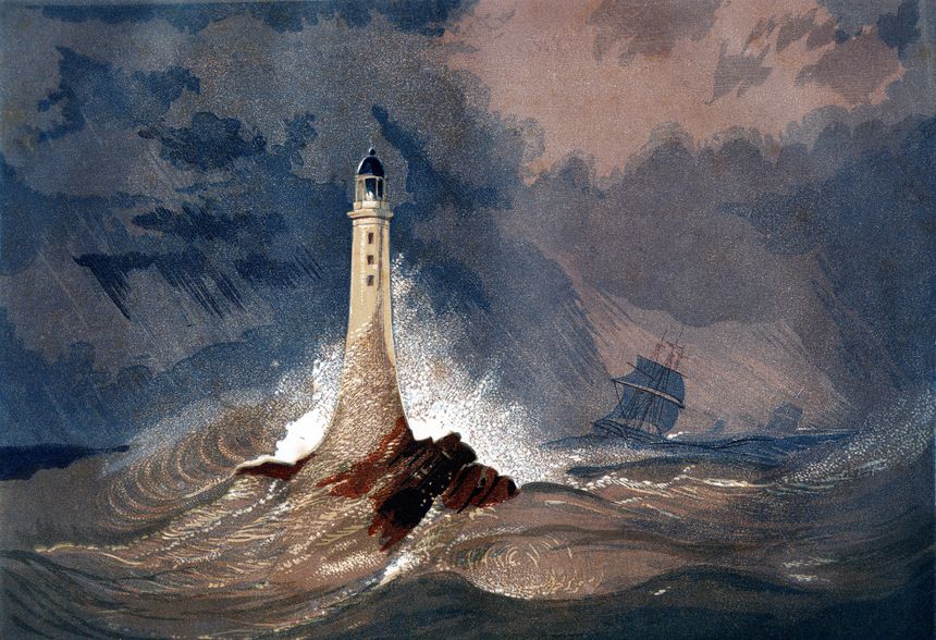 An engraved vintage colour illustration of  Eddystone Lighthouse (Smeaton's Tower), from a Victorian book dated 1847 that is no longer in copyright