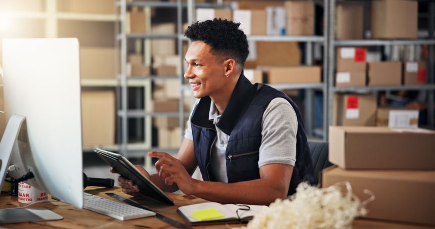 Logistics, man and tablet with computer for inventory, checking stock and reading for research. Office, business person and supply chain manager with tech to monitor distribution, order and delivery