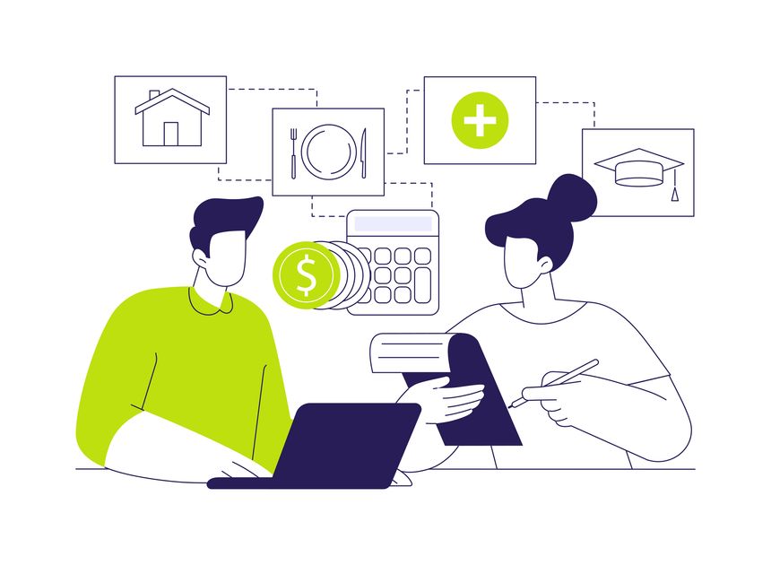 Family budget planning isolated cartoon vector illustrations. Young couple planning budget and looking through bank accounts together, financial affairs, money management vector cartoon.