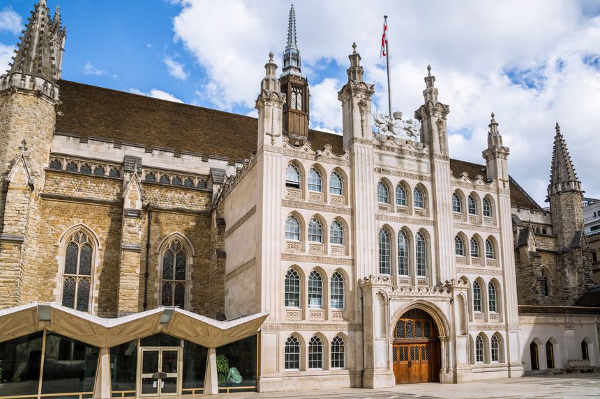 London, UK - September 25, 2025:  Guildhall Plaza with government buildings, Guildhall Art Gallery and St Lawrence Jewry. City of London