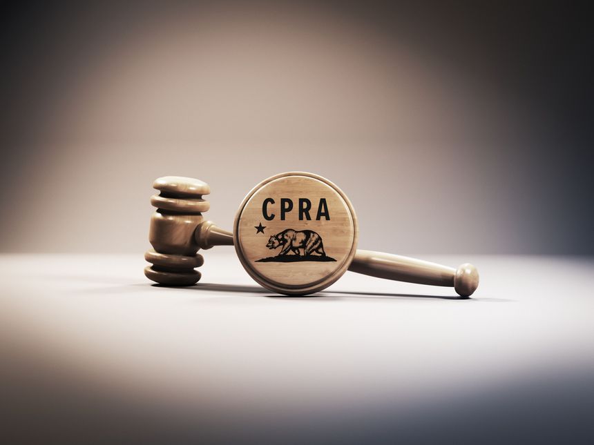 California Privacy Right Act law concept judgement hammer and C P R A text on light brown background