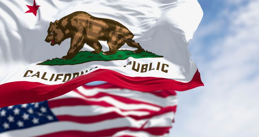 California state flag and the American flag waving in the wind, featuring a brown bear and the words California Republic. 3d illustration render. Fluttering fabric. Selective focus