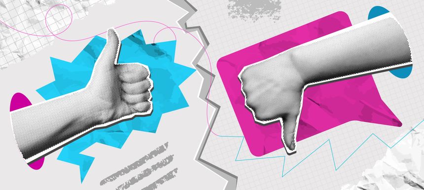 Pros and cons collage. Mixed media thumbs up and thumbs down hand gestures with speech bubbles. Review concept, positive and negative feedback vector illustration.