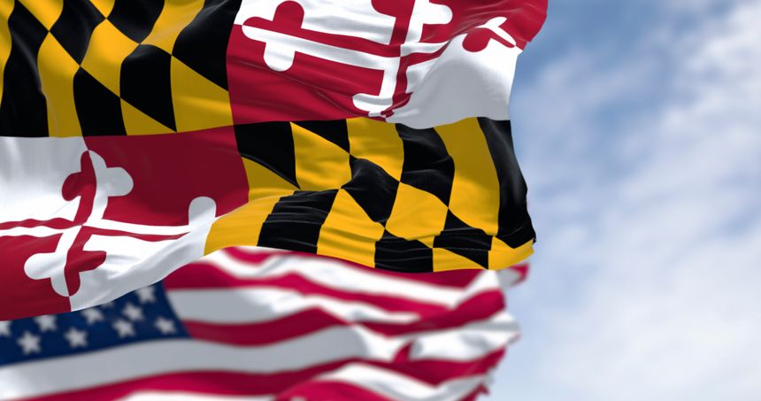 3D render of the Maryland state flag and American flag fluttering in the wind, showing pride, heritage, and patriotic identity on a clear day.
