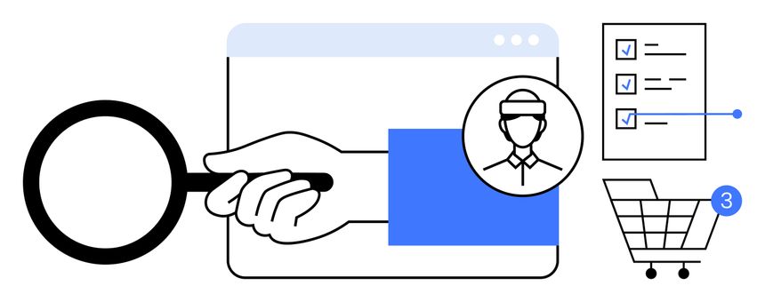 Hand holding magnifying glass examining a browser window with user profile. Includes checklist with check marks, shopping cart with notification. Ideal for search, user analysis, online shopping
