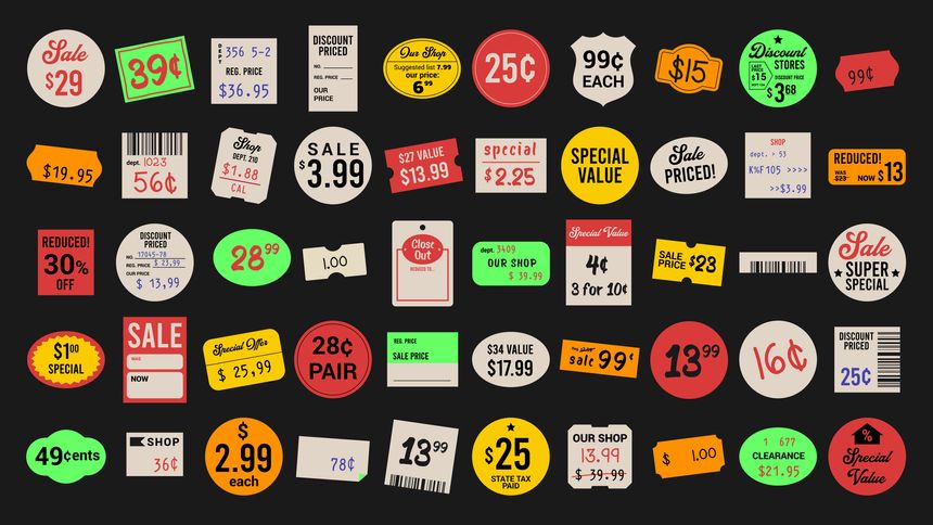 Old price tags design set. Vintage sale stickers collection. Overlay adhesive labels bundle. Vector illustration