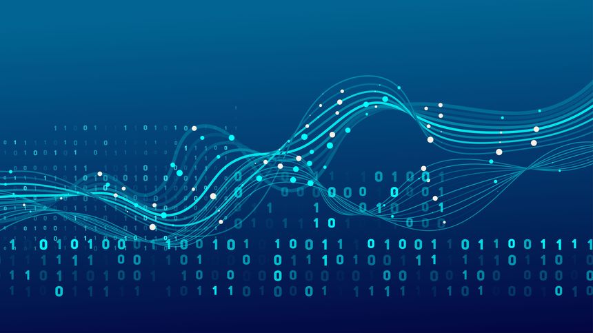 Abstract technology background with flowing digital streams of binary code 0, 1. Futuristic visualization of big data, information flow, and communication.