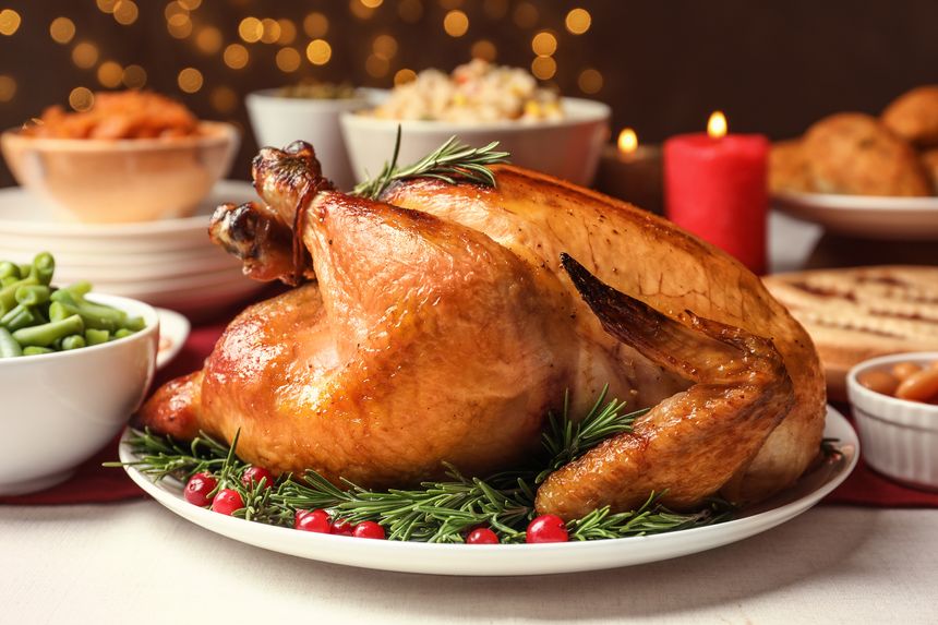 'Roasted Turkey with Festive Garnishes on White Plate'