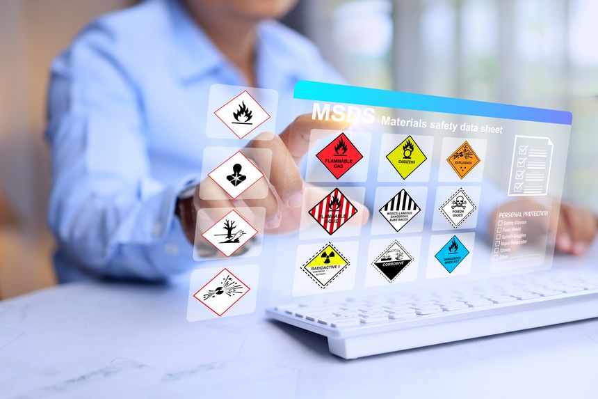 safety materials data sheet concept with factory manager prepare the information on computer virtual screen to worker information when working with dangerous substance in hazard material storage area