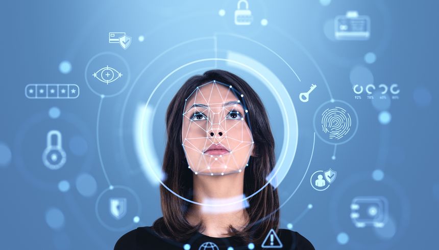 Woman looking up at futuristic facial recognition interface with biometric icons, digital graphic style on blue background, concept of cybersecurity