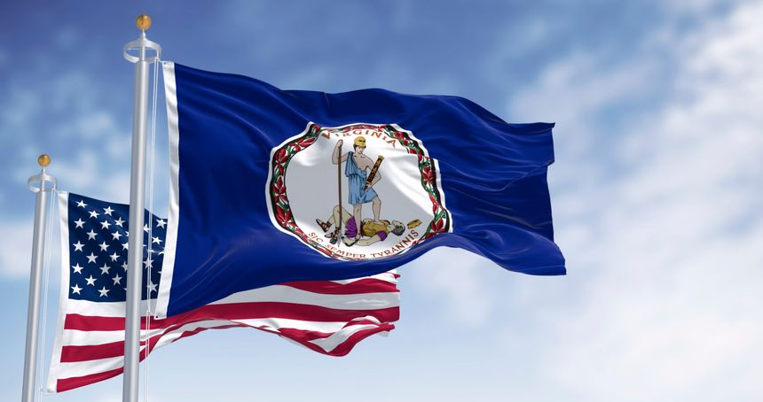 Virginia and the US flags waving in the wind on a clear day. State seal in the middle of a dark blue background. 3d illustration render. Rippling fabric
