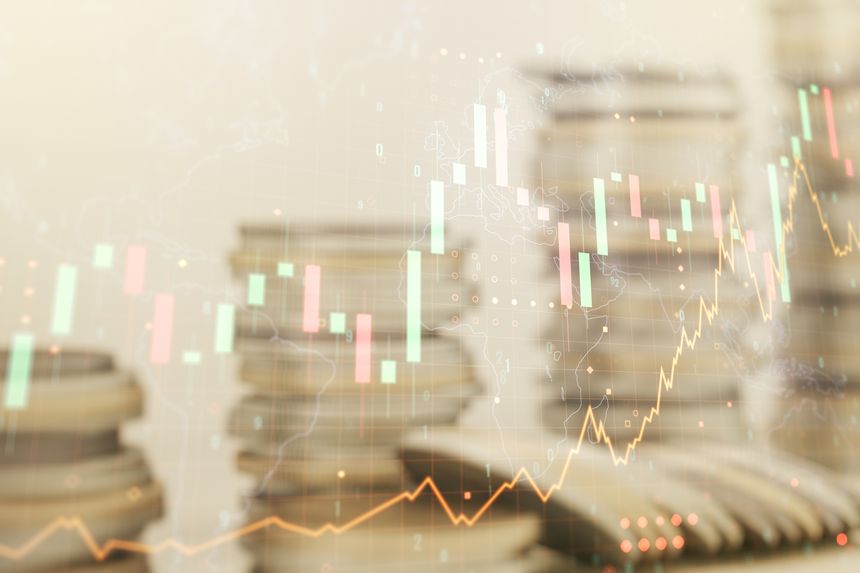 Abstract creative financial graph and world map on coins background, financial and trading concept. Multiexposure