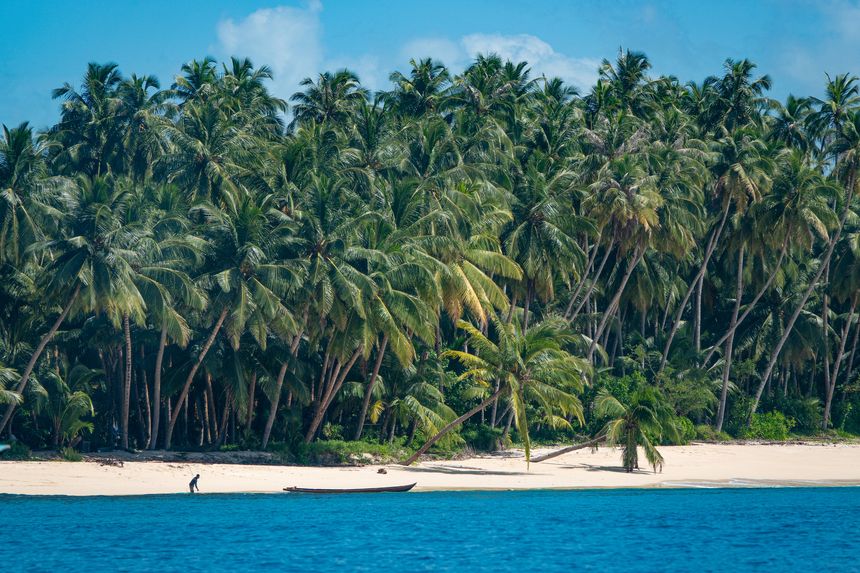 Small wooden boat rests on sandy shore in front of a dense coconut palm forest. Calm blue water and quiet tropical shoreline in peaceful remote island scenery. Exotic travel destination in Indonesia.