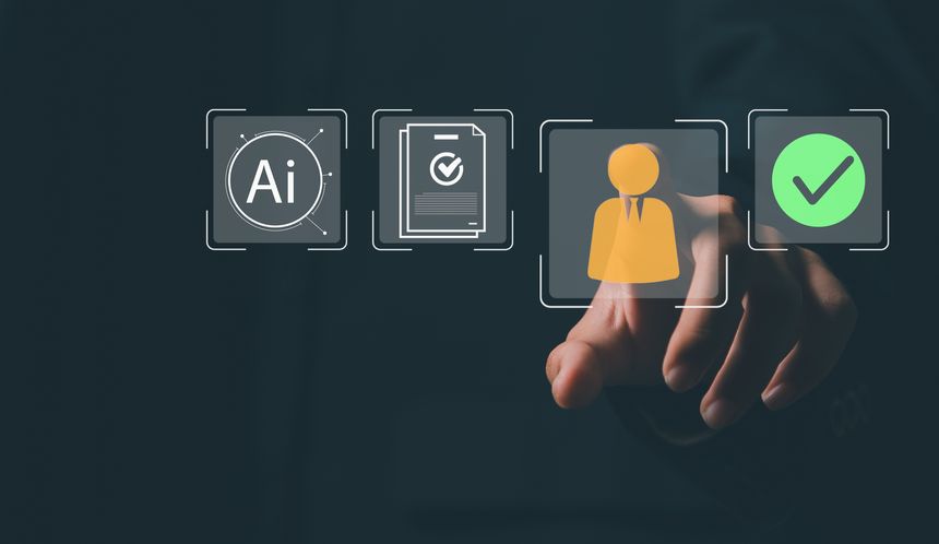 Business executive points at a virtual screen screen to execute AI HR software, analyzing employee data for skills assessment, candidate qualification screening, and data verification.