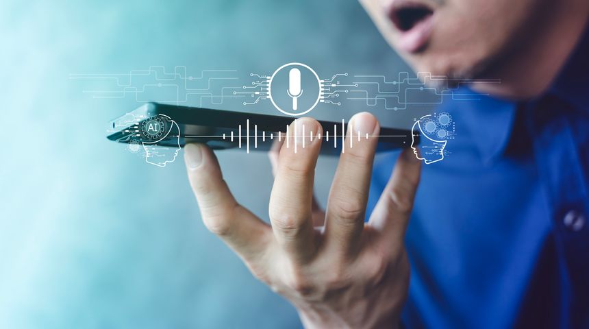 Man using voice command on smartphone, AI speech recognition UI with microphone icon and soundwave, concept for digital assistant, dictation, translation, and smart tech.