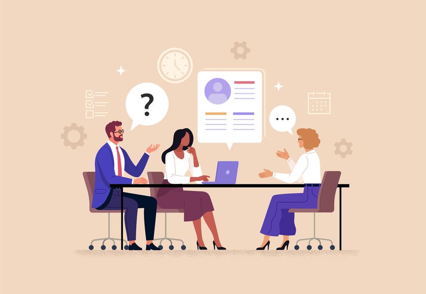 Vector cartoon illustration of two people sitting at a table with a laptop and asking a young woman questions. Isolated on background