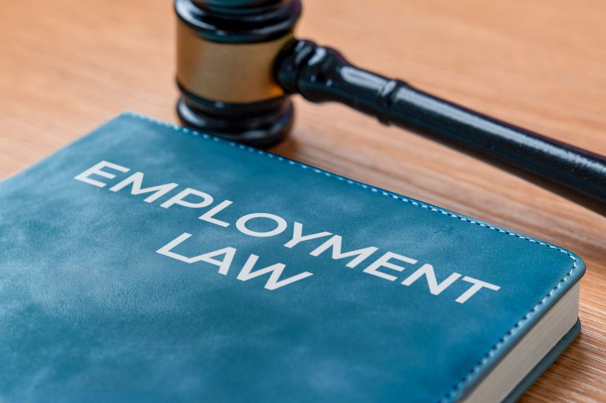 Close-up of a book titled Employment Law and judge's gavel. Workplace regulations, labor rights, corporate justice, human resources policy, and legal compliance concept.