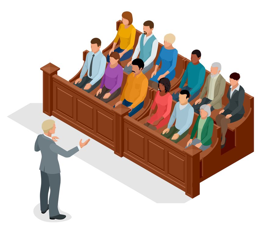 Isometric symbol of law and justice in the courtroom. Vector illustration judge bench defendant attorneys audience. Courtroom proceedings