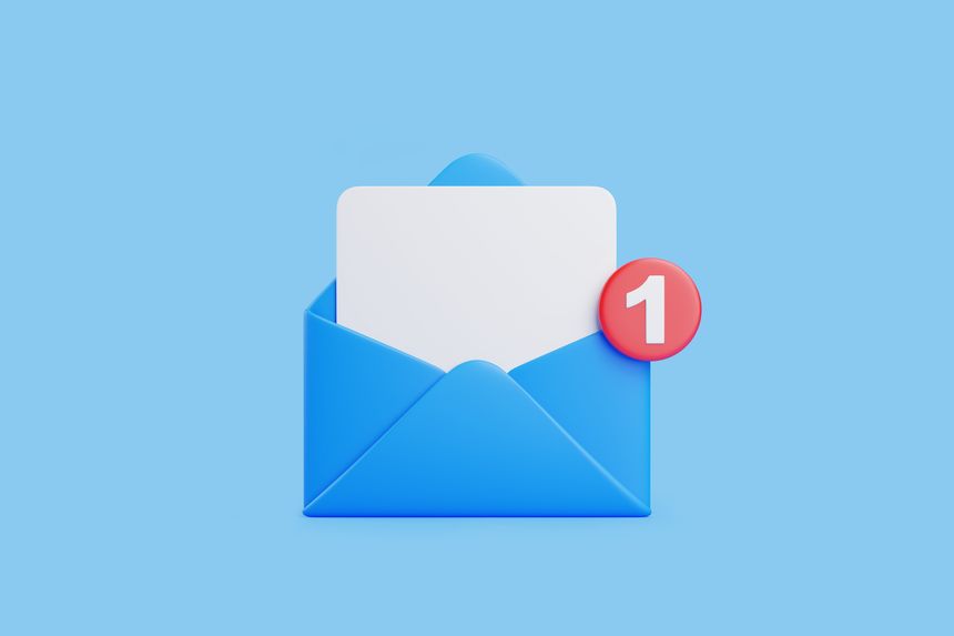 Open blue envelope with a white letter inside and a red notification badge indicating one new message. 3D render illustration