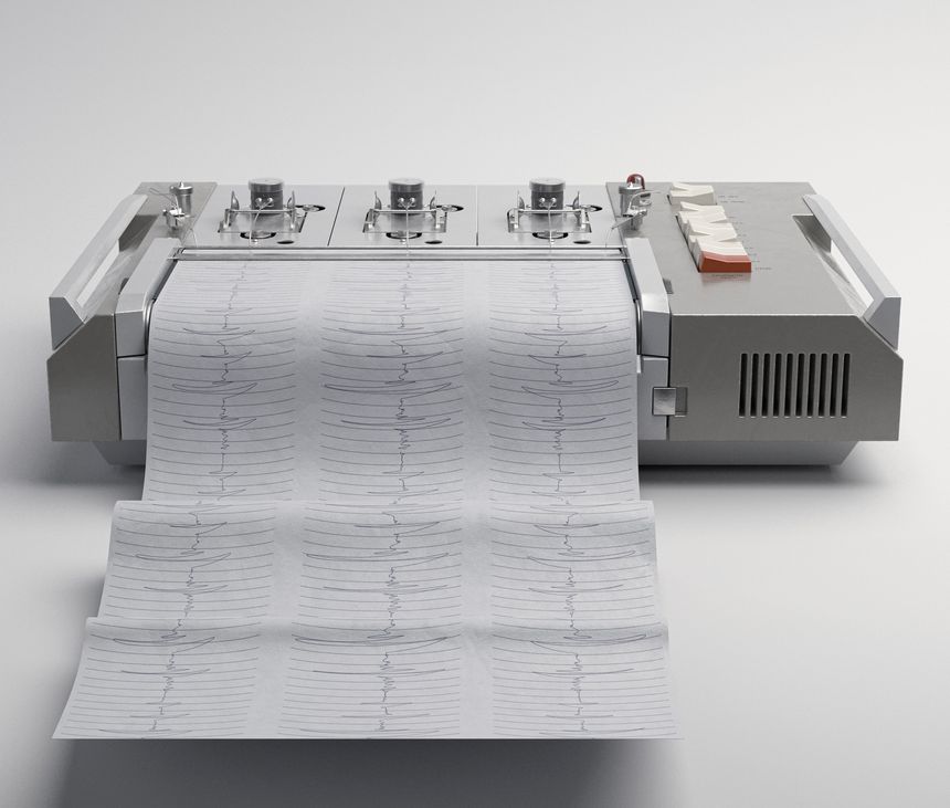 A russian polygraph lie detector machine drawing lines on graph paper on a studio background - 3D render