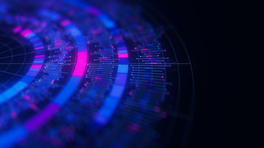 Closeup of Big Data complex round graph background. Quantum computing universe. Cyber space of AI technology. Futuristic graph. Digital qubit information presentation