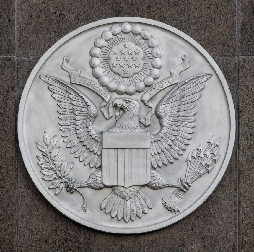 Great Seal of the United States on a Federal Building. The Great Seal was designed by Charles Thompson and first used in 1782.
