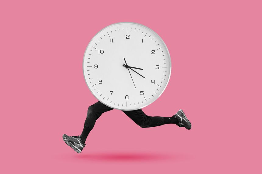 Clock with legs running. Running out of time concept. Black and white collage, isolated on pink background.