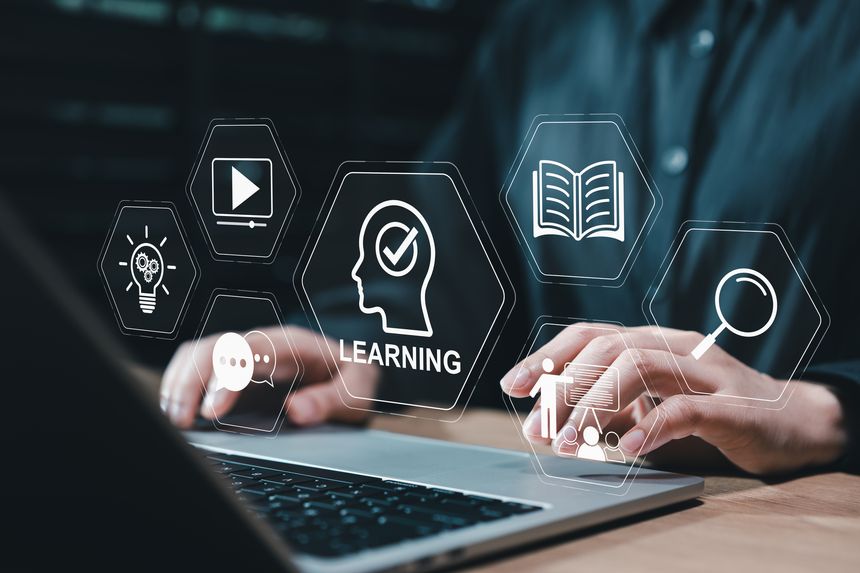 Digital learning platform and online education concept. Student using laptop with learning icon, video lesson, ebook, search tool, training, knowledge development, interactive e-learning workflow