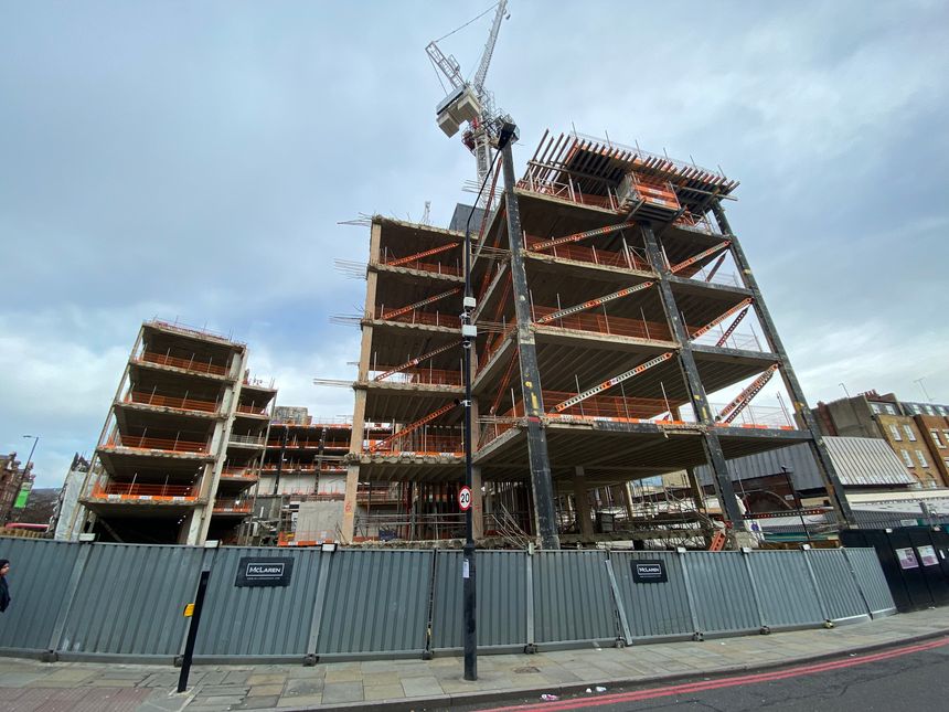 London, UK 01 01 2024 Building site construction carcass of new redevelopment apartment block, retail and units and office space on corner Islington High Street and City Road in the Angel area of Islington in London