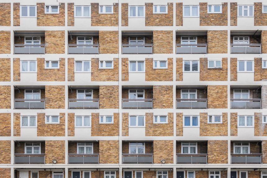 Facade of a council housing block on Collingwood Estate in London