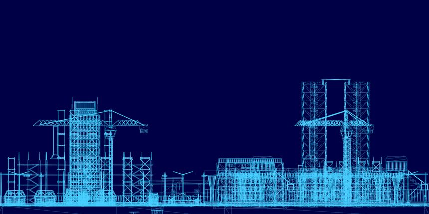 A detailed blueprint of a modern building under construction features a wireframe structure with various geometric shapes on a dark blue background. The city skyline design highlights precise.