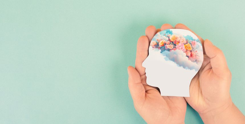 Mind with colorful cloud of flowers, positive thoughts and energy, emotion and attitude, hope and self care concept